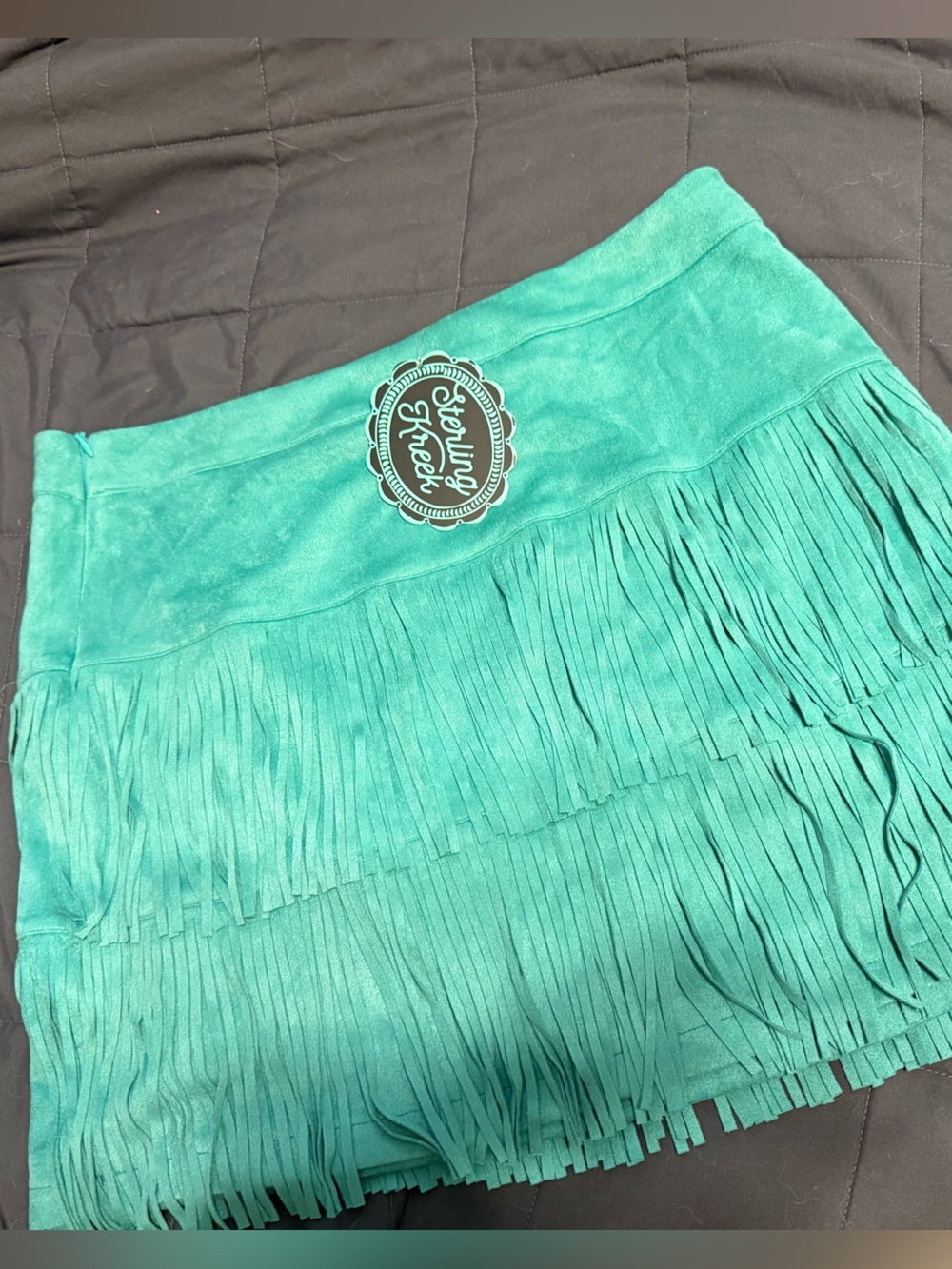 Teal Fringe Mini Skirt with Logo Patch